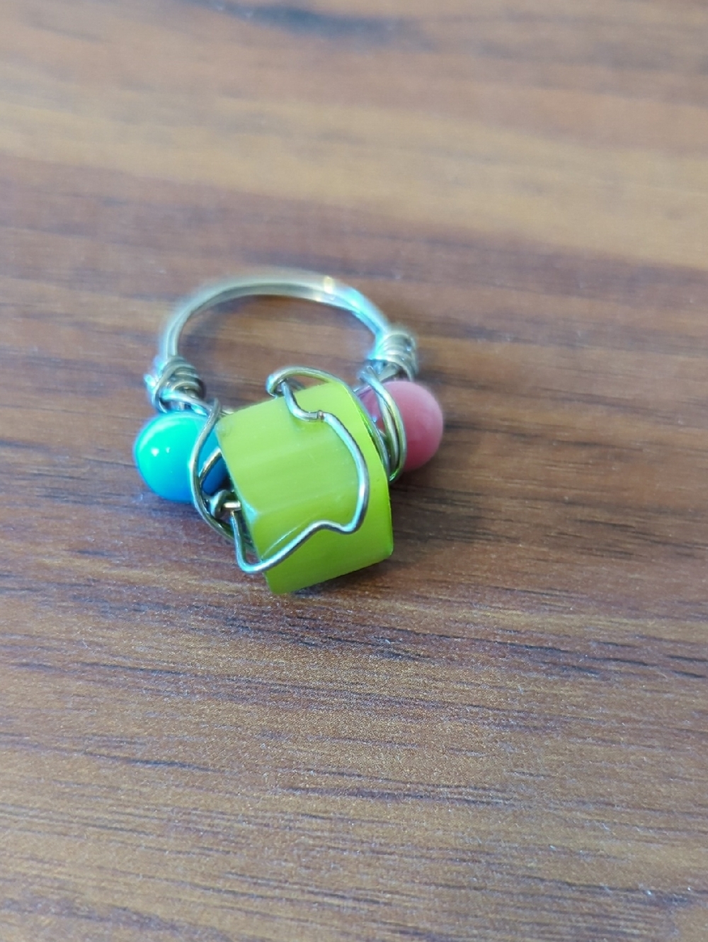 Green Wire-Wrapped Bead Ring with Aqua and Pink Accents
